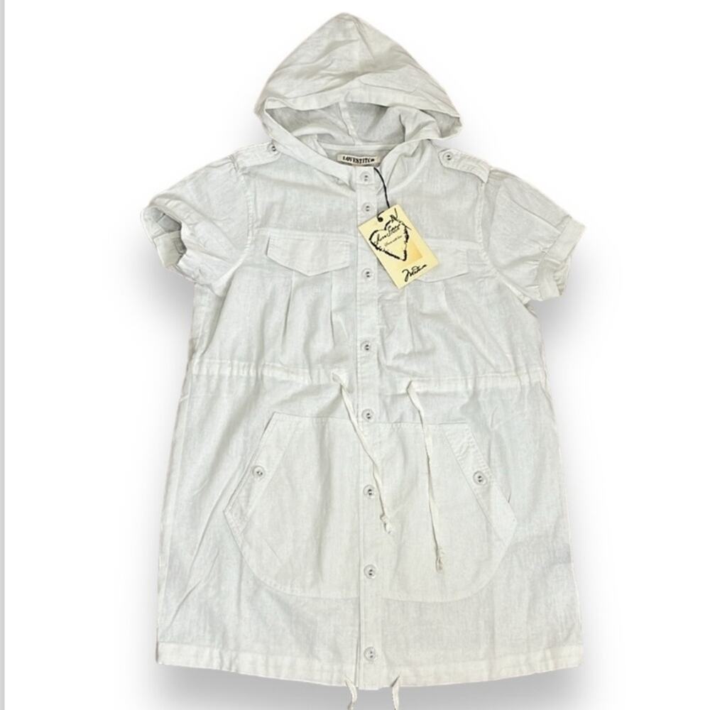LoveStitch Top Women's Medium Linen Blend Hooded Shacket Short Sleeve Long Line